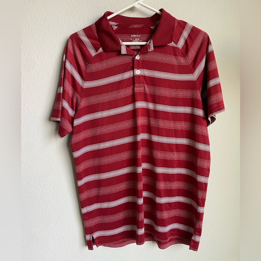 Oakley Red and White Polo Shirt with Horizontal Stripes